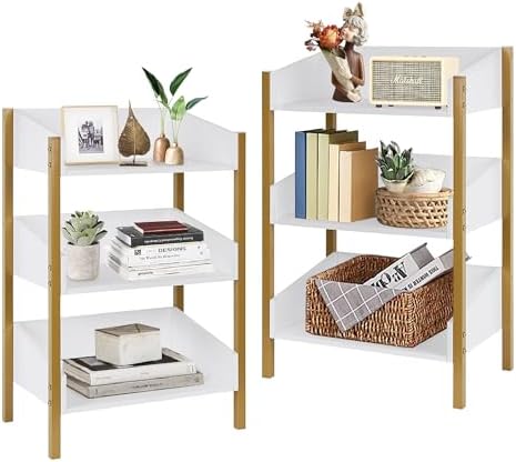 VECELO Bookshelf Set of 2, Small Bookcase,3-Tier Storage Organizer,Wood Bookcase with Steel Frame,Shelving Unit for Livi