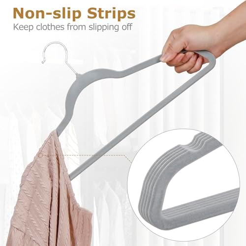 HomGarden 100 Pack Velvet Hangers Ultra Thin Non Slip Clothes Hanger Hook Swivel 360 Flocked & Durable Space Saving w/Bar for Garments, Suits, Dresses, Pants, Shirts, Coats,Pink (Gray)