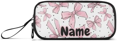 Custom Pink Bows Dots Pencil Case Box Boys Girls Personalized Name Large Pencil Pouch Stationery Pen Bag Organizer for Kids Adults School Office