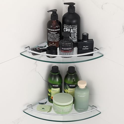 2 Ties Glass Corner Shelf with SUS 304 Stainless Steel Rail Chrome Finished, Esquinero para baños, Rustproof Tempered Gl