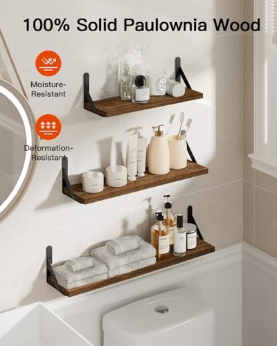 Amada Solid Paulownia Wood Wall Shelves, Large Size, 6 Pcs, Brown