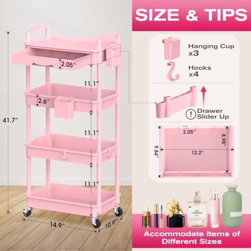 Goovilla Rolling Makeup Organizer Cart with Removable Drawer, 4 Tier Pink