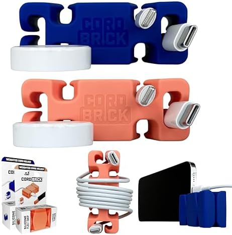 CordBrick 2PK Silicone + Steel Weighted Cord Holders for Nighstand, Cable Wraps for Travel, iPhone Accessories, Small Gr