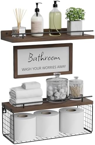 WOPITUES Floating Shelves for Bathroom Decor Art, Rustic Brown