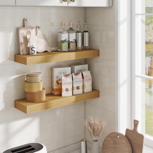 Fun Memories Floating Shelves Set of 2, 24 Inch Floating Shelves for Wall, Wood Wall Shelves with Invisible Brackets, fo