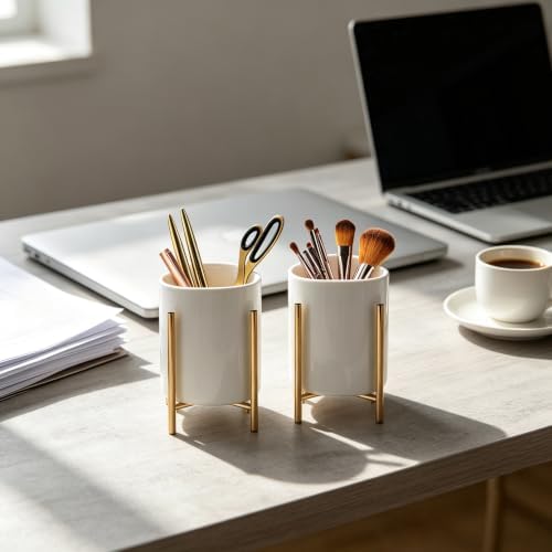 Gold pencil cup Sturdy metal frame with white ceramic pen holder For desks and kitchen appliance holders