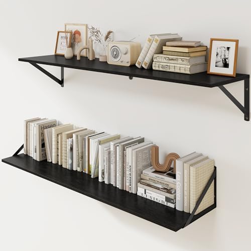Heimlove Black Deep Floating Shelves for Wall, 40W x 8D Wood Wall Shelves Set of 2, Wide Floating Bookshelf for Living R