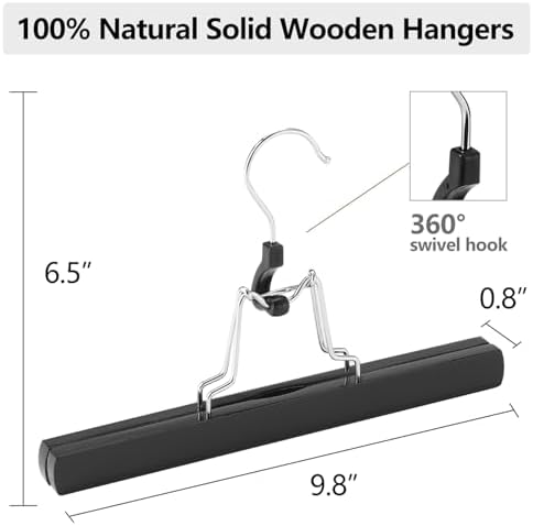 AMKUFO 12 Pack Black Wooden Pants Hangers with Clips Non Slip Skirt Hangers Trouser Clamp Hanger Solid Wood Hanger with 360° Swivel Hook