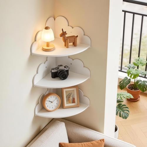White Cloud Floating Corner Shelves Set of 3, Corner Shelves Wall Mounted for Kids Room Nursery, Cloud Decor Wall Shelf 