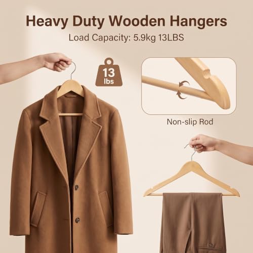 Wood Hangers 30 Pack - Sturdy Wooden Clothes Hanger Heavy Duty Coat Hangers Non-Slip Smooth Finish Slim Thin Clothing Hangers Curved Bulk for Closet, Suits, Pants, Shirts, Premium Natrual Wood