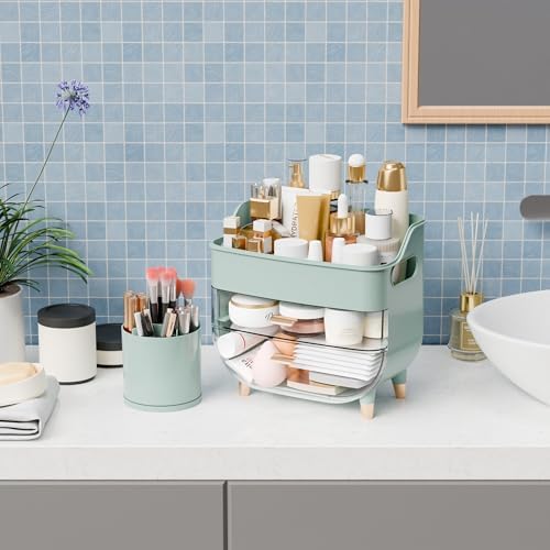 Yieach Green Make up Organizer for Countertop,Vanity,Large Capacity Bathroom Makeup Skincare Organizers With Brush Holde