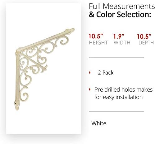 NACH Decorative Shelf Brackets, 2 Pack of 10.6 x 2 x 10.6 inch, Antique White Cast Iron Wall Shelf Brackets - Decorative