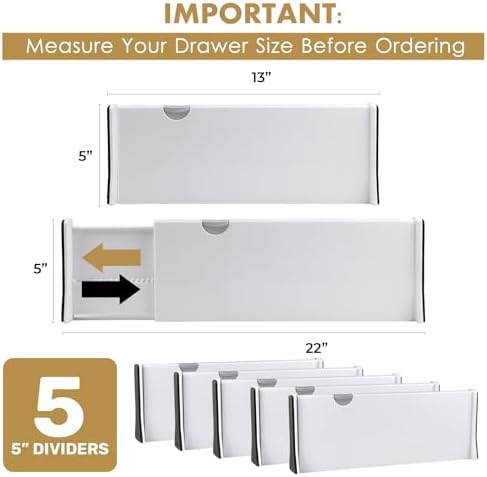 RAPTUROUS White Expandable Drawer Dividers (5" Tall, 13"-22" Long, 5 Pack - White)