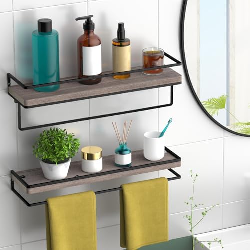 Meangood Floating Shelves Wall Mounted, Wall Shelf with Towel Bar Rustic Wood Wall Storage Shelves for Bedroom,Living Ro
