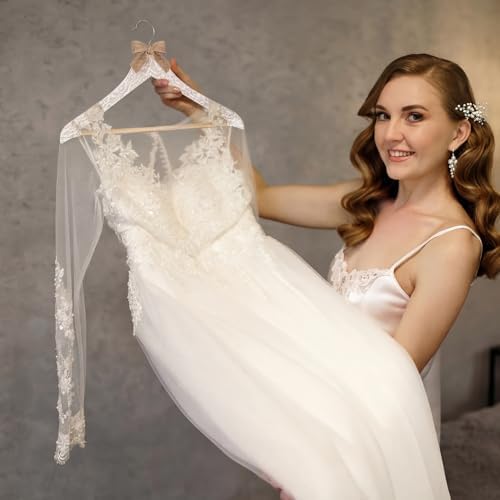 Wonderjune White 10 Pcs Bride Hanger for Wedding Bride Groom Bridesmaid Ribbon Bow Pearl Hanger Wood Color Elegant Wooden Dress for Bridal Shower Tuxedo Photo Keepsake Party Gift (Lace Linen)