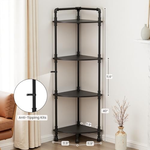 Aduanbang Fun Memories 4-Tier Corner Shelf Stand, Grey Storage Bookshelf for Bathroom, Living Room, Kitchen, Home Office