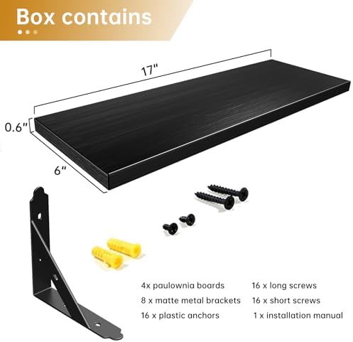 ROMGUAR CRAFT Wood Wall Floating Shelves Set of 4, 17" x 6" - Black