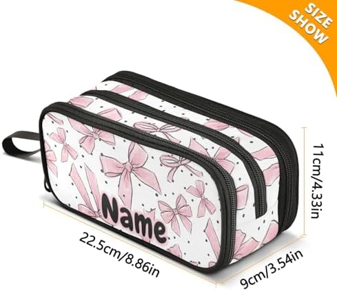 Custom Pink Bows Dots Pencil Case Box Boys Girls Personalized Name Large Pencil Pouch Stationery Pen Bag Organizer for Kids Adults School Office