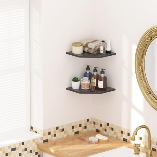 JJL Corner Shelves, 12 Inch Corner Shelf Wall Mounted with Wire Hole, 4 Tier 13.3 Inch Deep Wooden Corner Hanging Shelvi