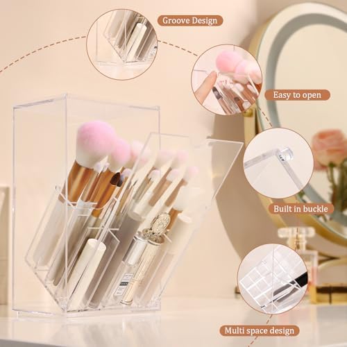 Acrylic Makeup Brush Holder with Lid for Vanity, 17-Slots Large Capacity