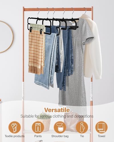 WJWSKI Velvet Pants Hangers with Double Non Slip Bar - with Adjustable Clips- Thin Space Saving Clothes Hanger - 360° Swivel Felt Trouser Hanger Perchas Terciopelo 10 Pack (Black)