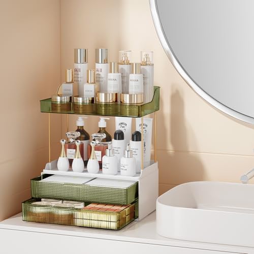 Bathroom Countertop Organizer with 2-Drawer, 3 Tier Makeup Organizer for Vanity, Large Multi-Purpose Makeup Skin Care Or