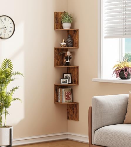 VIMBER 5-Tier Corner Shelf Wall Mount, Corner Bookshelf, Industrial Corner Ladder Shelf, Modern Display Shelf for Living