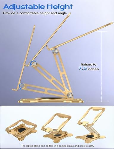JCZT 360° Rotating Laptop Stand for Desk, Metal Foldable Laptop Riser, Gold