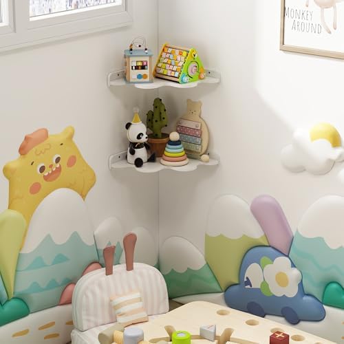 Cloud Corner Shelf Wall Mount, 2-Tier Floating Wavy Corner Wall Shelves with Cord Hole, White Funky Corner Shelves for K
