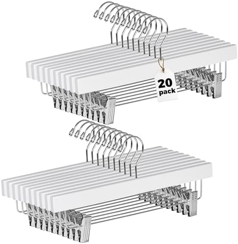 Quality Hangers Wooden Pants Hangers - 20-Pack Swivel Hook Cloth Hanger Set - Lotus Wood Skirt, Pant, Shorts and Slack Hangers with Adjustable Clip – White Clothing Hanger (White, 20)
