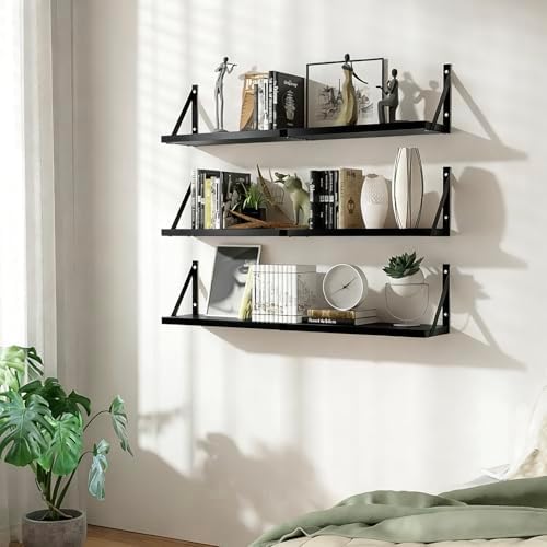 Floating Book Shelves Set of 3, Wall Bookshelf, 33 inch Long Wood Shelf for Wall Storage, Hanging Shelving for Bedroom, 