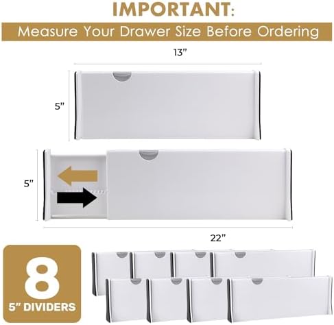 RAPTUROUS Deep Drawer Dividers 8 Pack, 5 Inch Tall, 13-22 Inch Long Expandable, Adjustable Drawer Organizer for Clothing, Dresser, Kitchen, Strong Hold, Soft Foam Edges, White