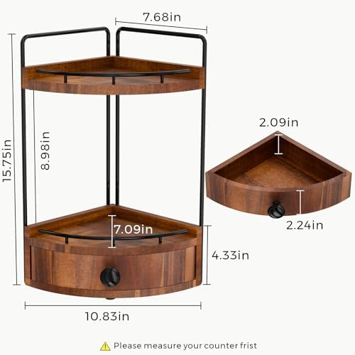 2-Tier Corner Bathroom Counter Organizer with Drawer, Acacia Wood