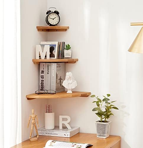 Oak Floating Corner Shelves 8.5 inch, Solid Wood Corner Shelf Wall Mounted Wall Shelves for Bedroom, Living Room, Bathro