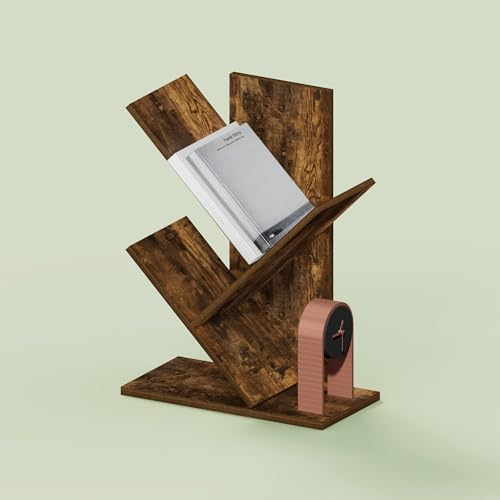 Ipoh Tree Book Shelf, 3-Tier Tree Bookcase, for Narrow Space, Books, CDs, Magazines, Rustic Brown