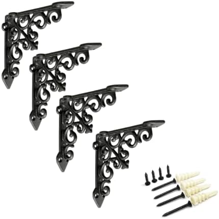 NACH Decorative Shelf Brackets, 4 Pack of 5 x 1.2 x 5 inch, Black Cast Iron Wall Shelf Brackets - Decorative Bookshelf B