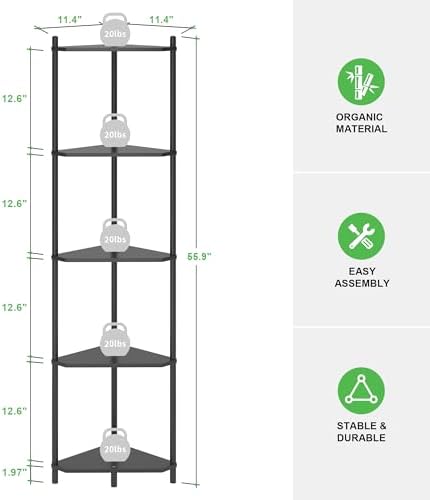 Wisuce Black Tall Corner Shelf Stand, 5-Tier Bamboo Corner Bookshelf