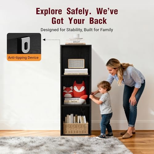Book Shelf, Wooden Cube Storage Organizer with 11" Open Cubes, Stackable Modular Bookcase for Room Divider Storage, 3 Ti