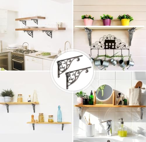 Shelf Brackets 6 Inch 4 Pack Heavy Duty Antique True Silver Wall Bracket Victorian Kitchen Decorative Rack Shelves, Shel