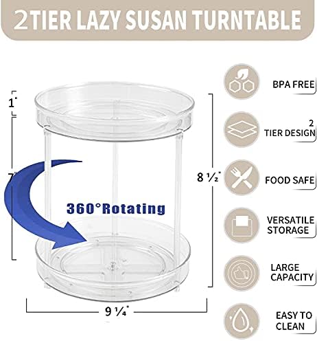 2 Tier Clear Lazy Susan Organizer, 360 Degree Rotating Round Lazy Susan Turntable 9" Non-Skid Rotating Organization Stor