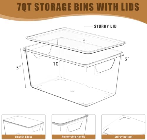 Freebat 12 Pack Clear Storage Bins with Lids, Middle Pantry 0rganizer Bins