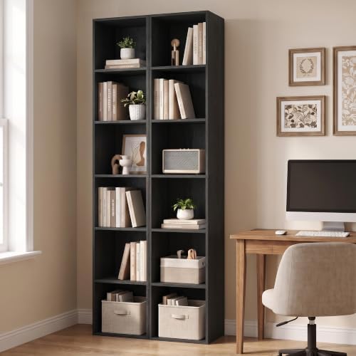 6 Cube Storage Organizer, 6 Tier Tall Narrow Bookshelf, Black Cube Shelf