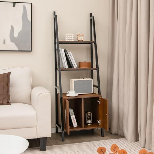 Tangkula 4-Tier Ladder Shelf, Industrial Bookshelf with Cabinet