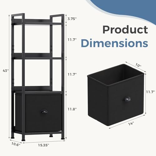 DUMOS 4 Tier Bookshelf with Fabric Drawer, Display Standing Shelf, Black
