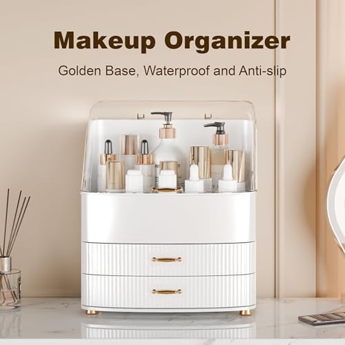 Makeup Organizer Countertop Vanity with Transparent Lid Drawers Waterproof Dustproof Cosmetic Skincare Bathroom Storage 