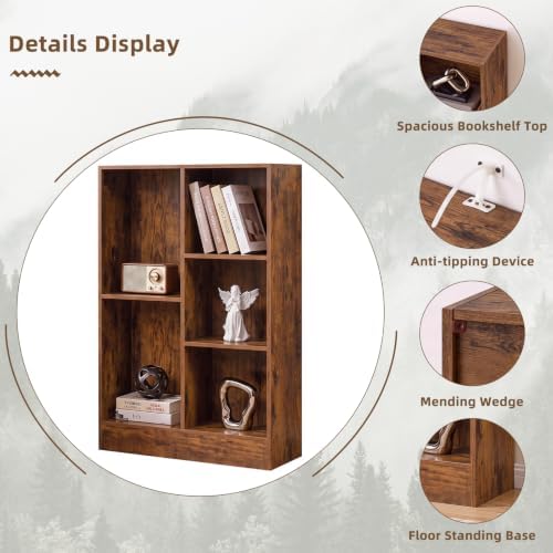 YAHARBB 3 Tier 5 Cube Thin Storage Organizer, Small Shallow Bookcase,Brown