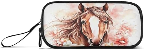 Brown Horse Watercolor Flower Pencil Case Box Boys Girls Large Pencil Pouch Zipper Compartments Big Capacity Stationery Pen Bag Organizer for Kids Teens Adults School Office