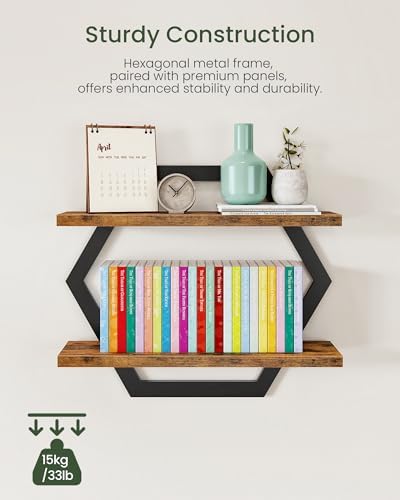 CHOEZON Hexagon Floating Shelves for Wall, Set of 2, 2 -Tier Hanging Shelves, Wall Mounted Storage Shelves, for Living R