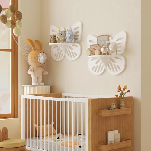 White Butterfly Shelves 2 Tier - Nursery Wall Deor Floating Shelf, Cute Wall Display Rack for Kid’s Room, Small Decorati