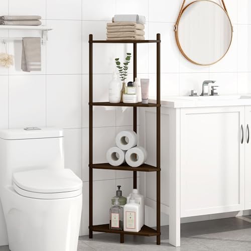 Wisuce Brown Small Corner Shelf Stand, 4-Tier Bamboo Corner Bookshelf